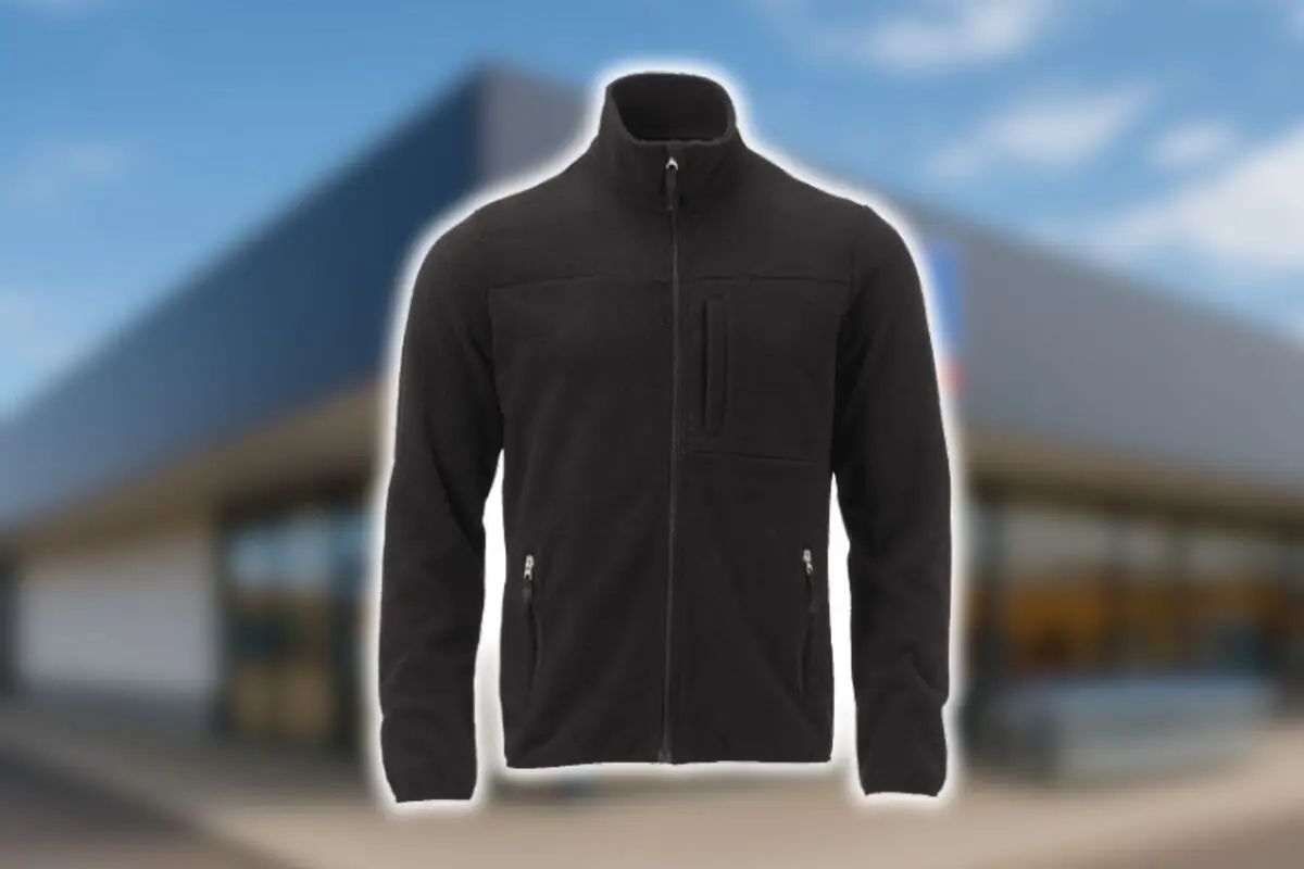 Jaqueta negra amb tancament al davant amb un fons d’edifici desenfocat d’un supermercat Aldi.