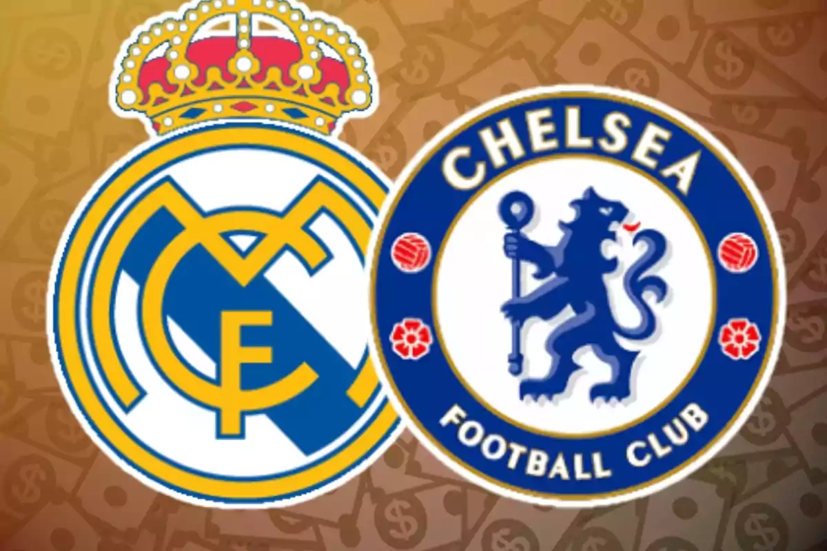 Escuts dels equips de futbol Reial Madrid i Chelsea sobre un fons amb símbols de diners