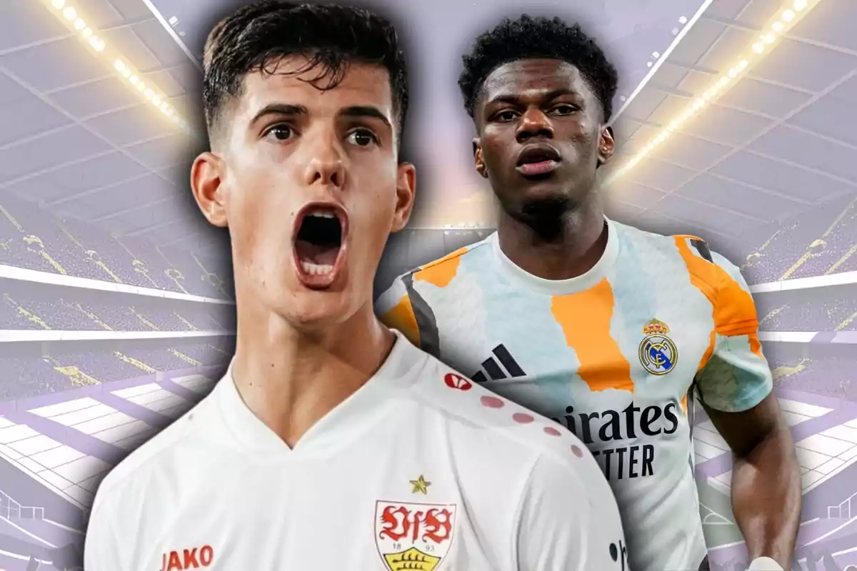 Dos futbolistes amb els uniformes de l’Stuttgart i el Reial Madrid posen en un estadi il·luminat