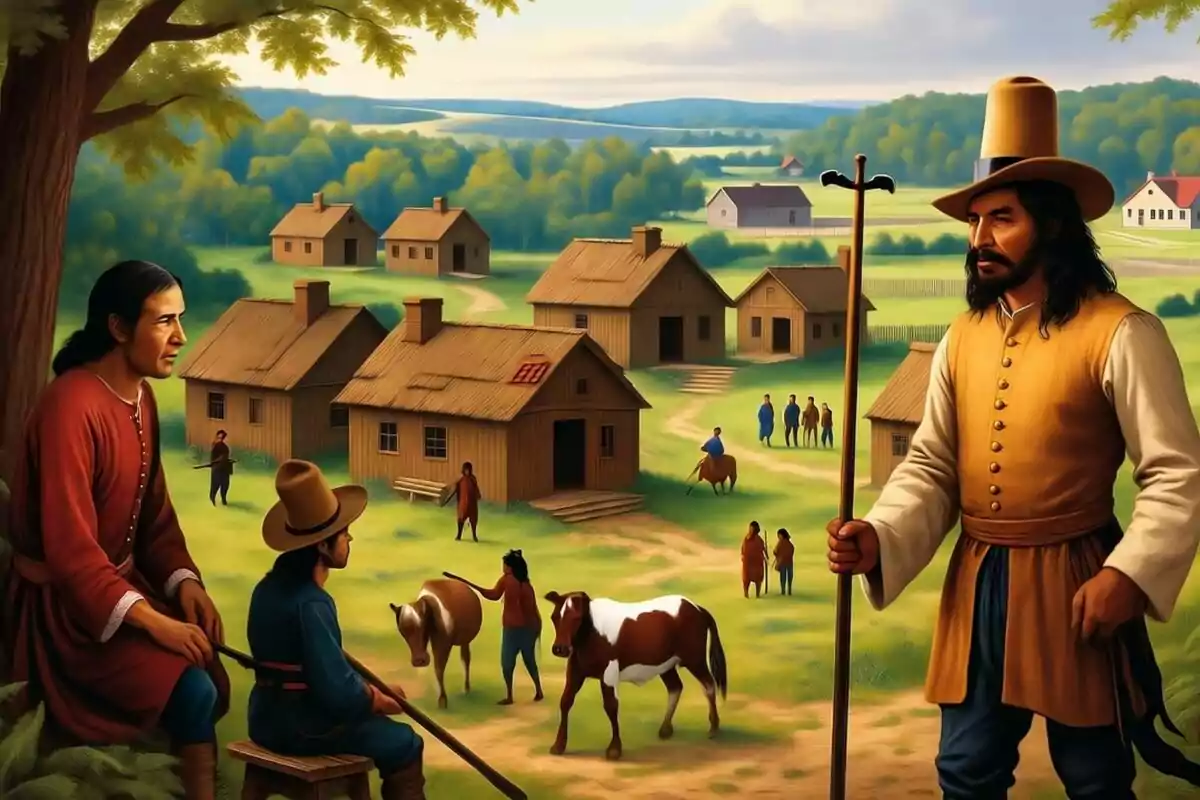 Persones amb vestimenta tradicional conversen i cuiden animals en un poble rural envoltat de cases de fusta i natura.