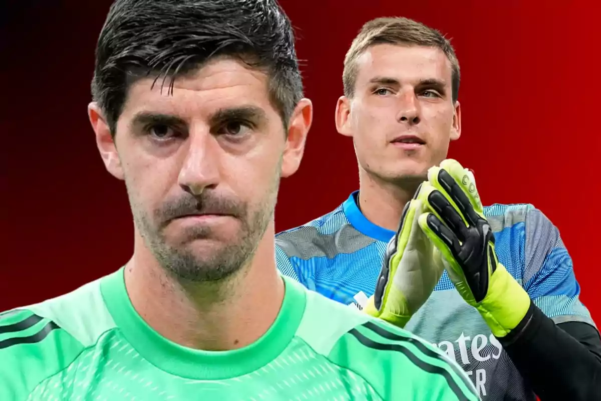 Dos porteros de fútbol con uniforme de portero, uno en primer plano con expresión seria y otro al fondo aplaudiendo, sobre un fondo rojo.