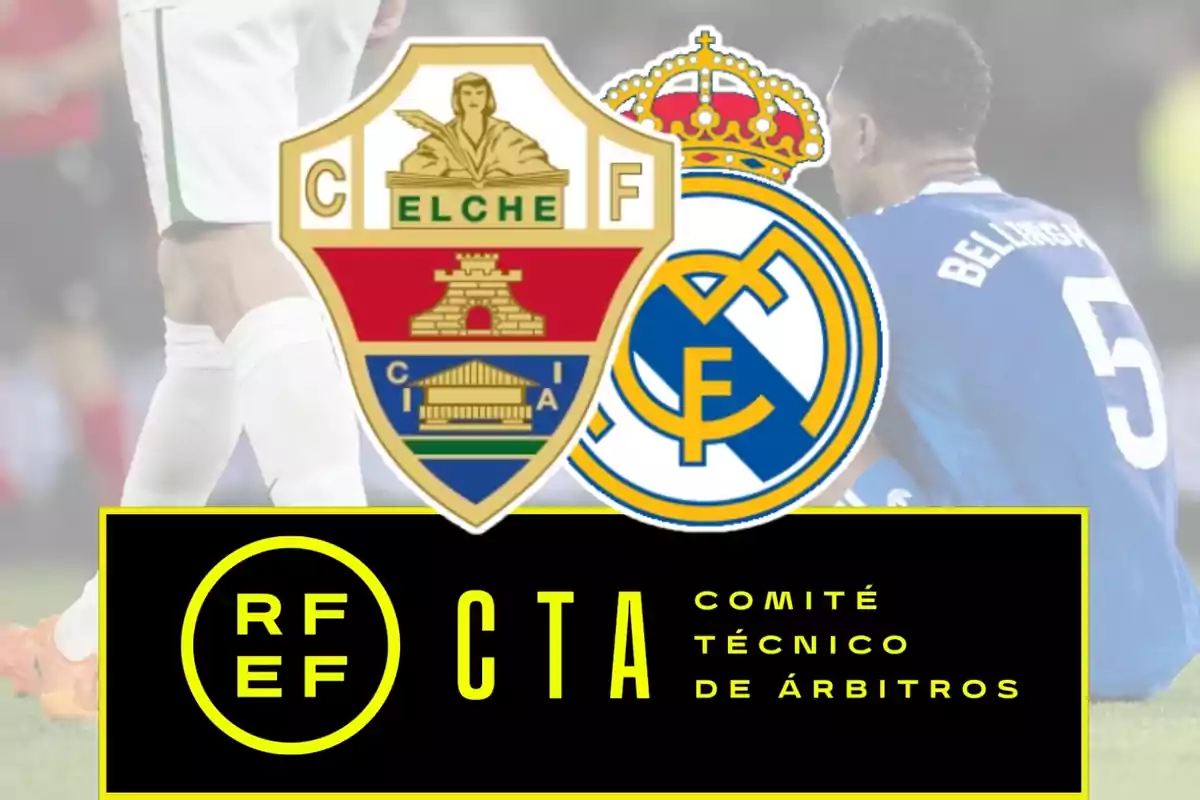 Escudos de Elche y Real Madrid sobre una imagen de jugadores en el campo con el logo del Comité Técnico de Árbitros en la parte inferior