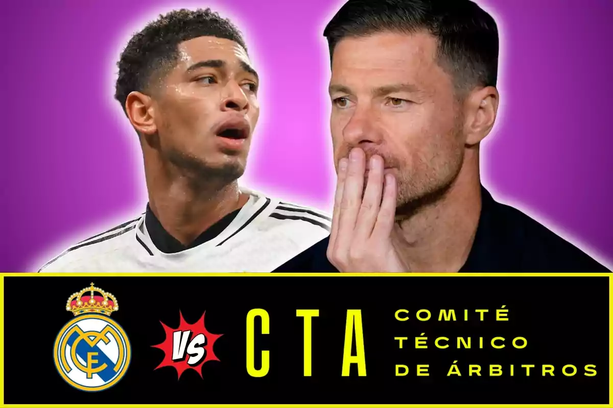 Dos homes en primer pla amb fons morat i un requadre negre a la part inferior que mostra l’escut del Reial Madrid enfrontant-se al Comitè Tècnic d’Àrbitres