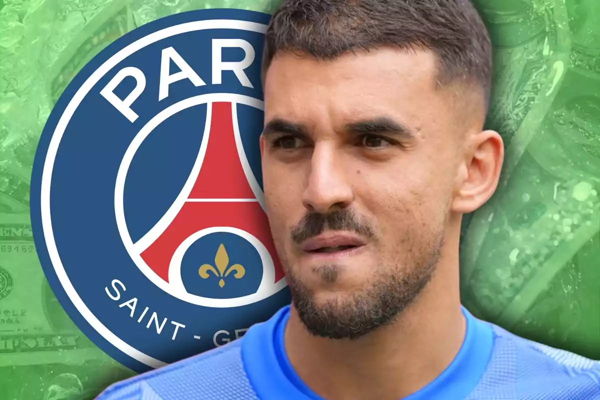 Un futbolista amb samarreta blava apareix en primer pla amb l’escut del PSG de fons sobre un disseny verd.