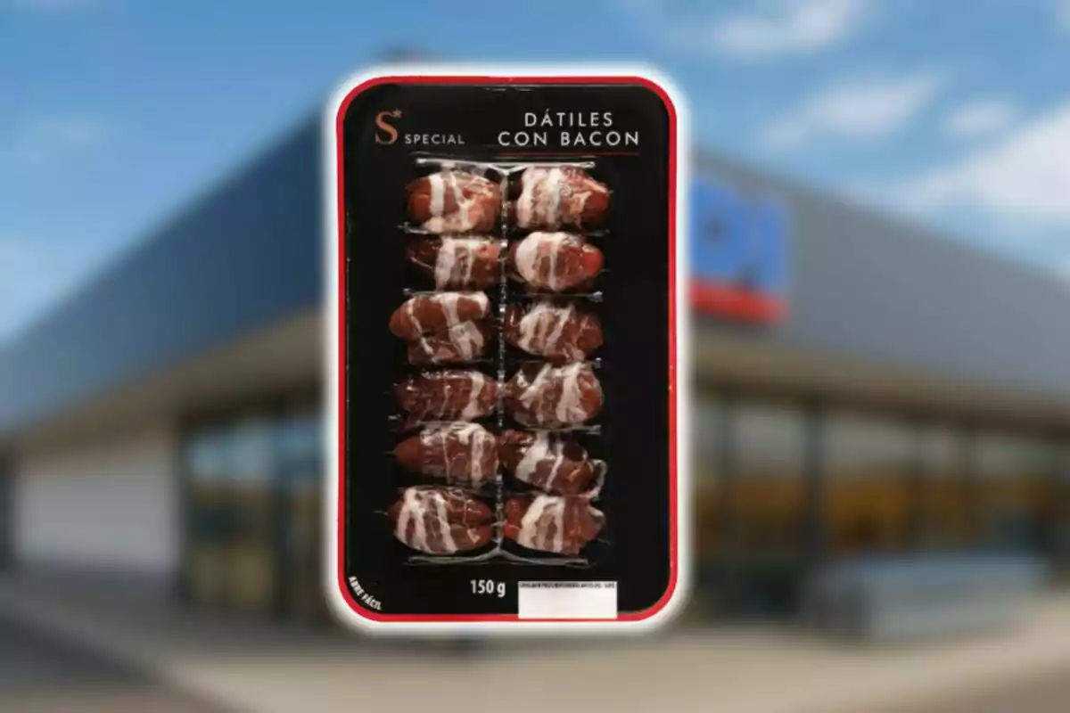 Safata de dàtils embolicats amb bacó llesta per consumir davant d’un supermercat Aldi. Safata de dàtils embolicats amb bacó llesta per consumir davant d’un supermercat Aldi.