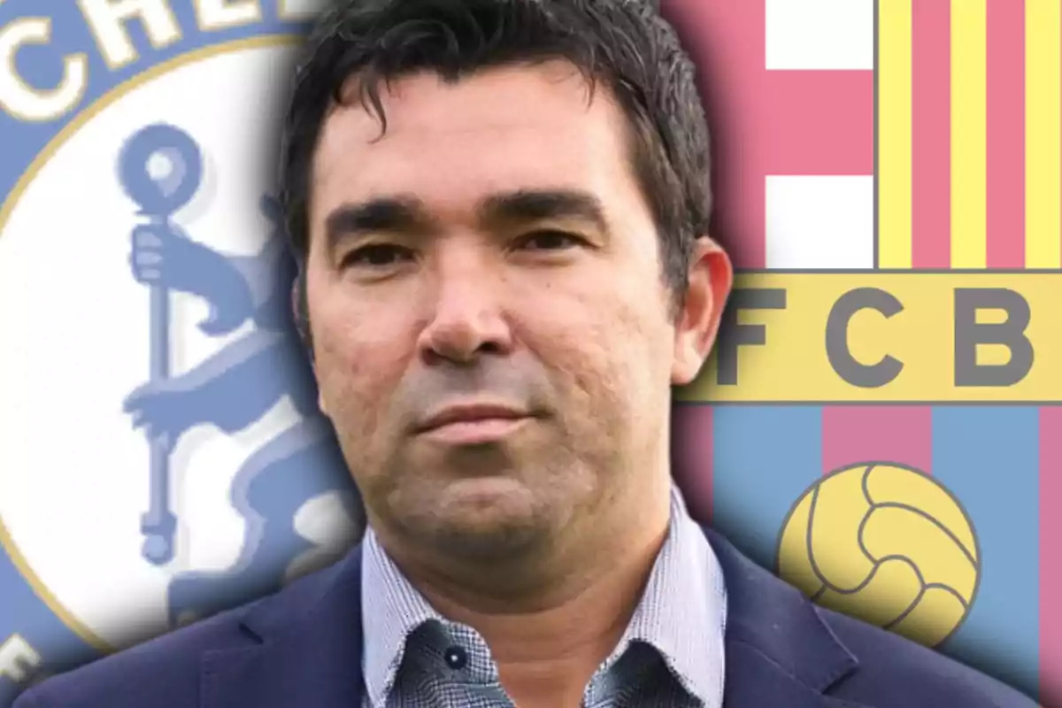 Hombre de cabello oscuro con expresión seria al frente de los escudos de los equipos de fútbol Chelsea y Barcelona