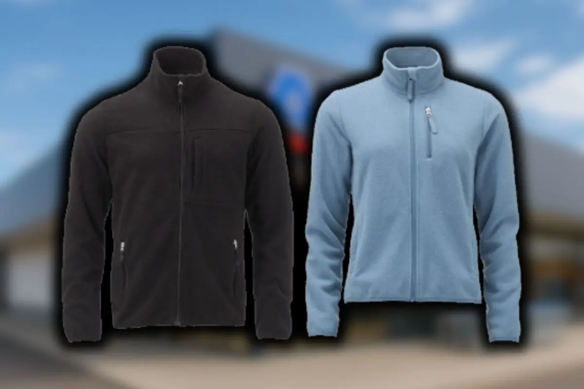 Dues jaquetes tipus polar, una de color negre i una altra de color blau clar sobre un fons desenfocat.