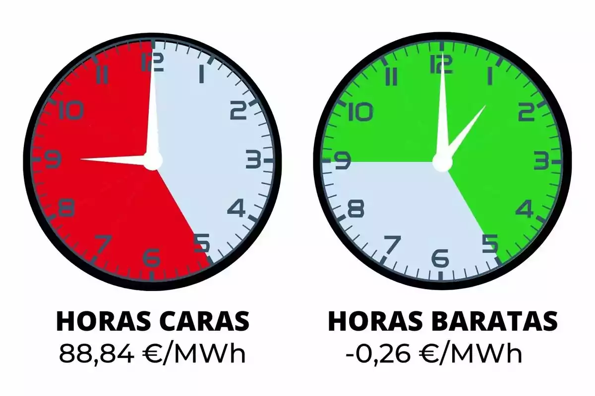Dos relojes comparan las horas caras y baratas de la electricidad, el primero con fondo rojo y precio alto, el segundo con fondo verde y precio bajo; los precios pertenecen al sábado, 8 de noviembre de 2025.