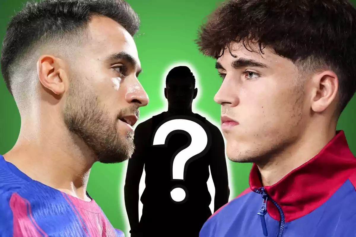 Dos futbolistas mirándose de frente con una silueta misteriosa y un signo de interrogación en el centro sobre un fondo verde