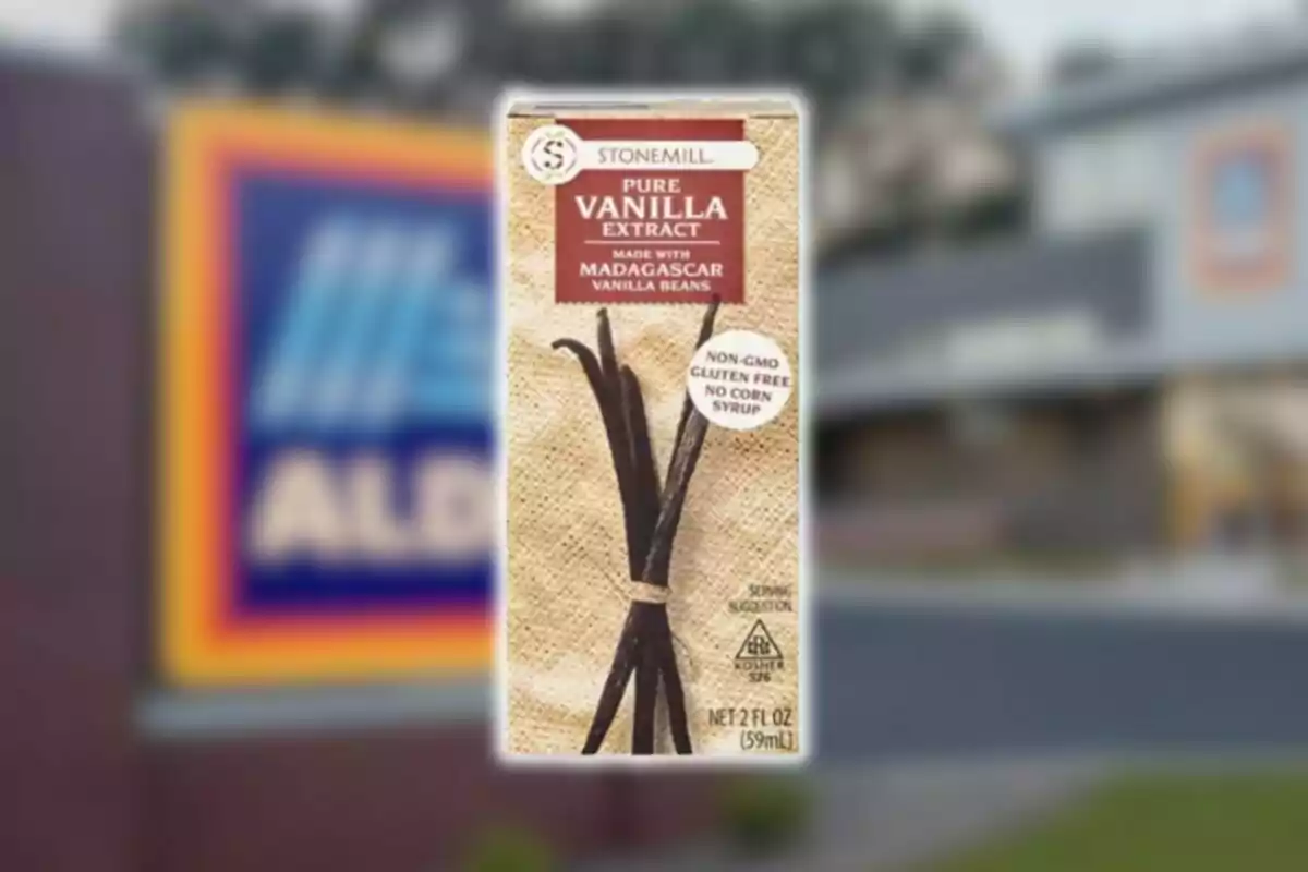 Stonemill vanilla extract box with a blurred Aldi store background.