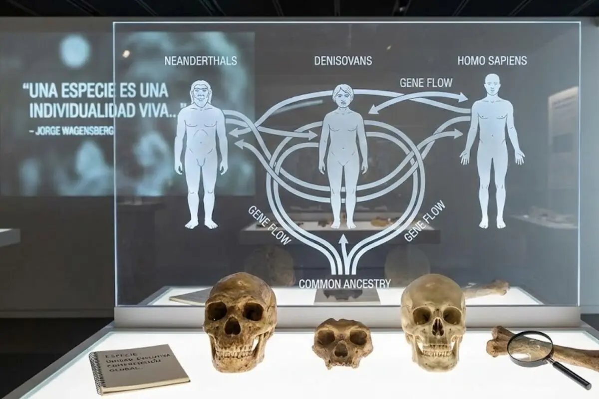 Exhibició de museu amb il·lustracions de neandertals, denisovans i homo sapiens mostrant el flux genètic entre ells, acompanyada de cranis i ossos sobre una taula