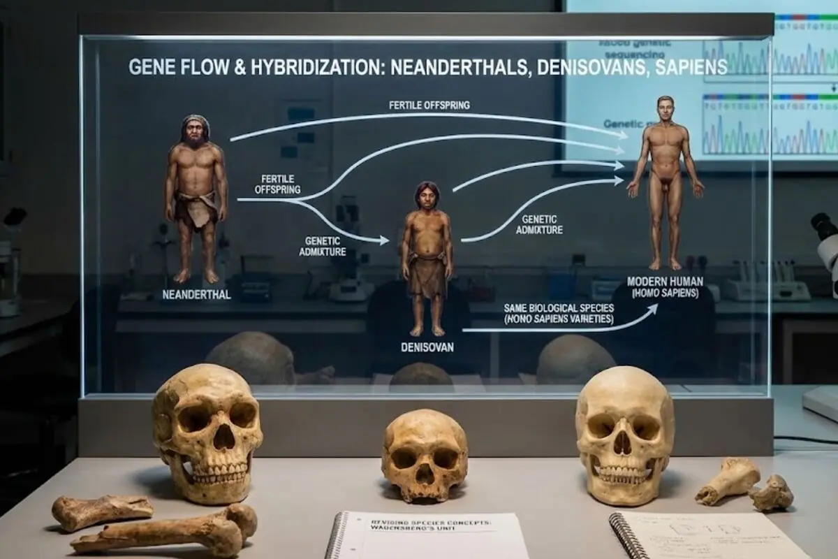 Tres cranis i ossos sobre una taula davant d’una pantalla que mostra un diagrama de flux genètic i hibridació entre neandertals, denisovans i humans moderns en un laboratori