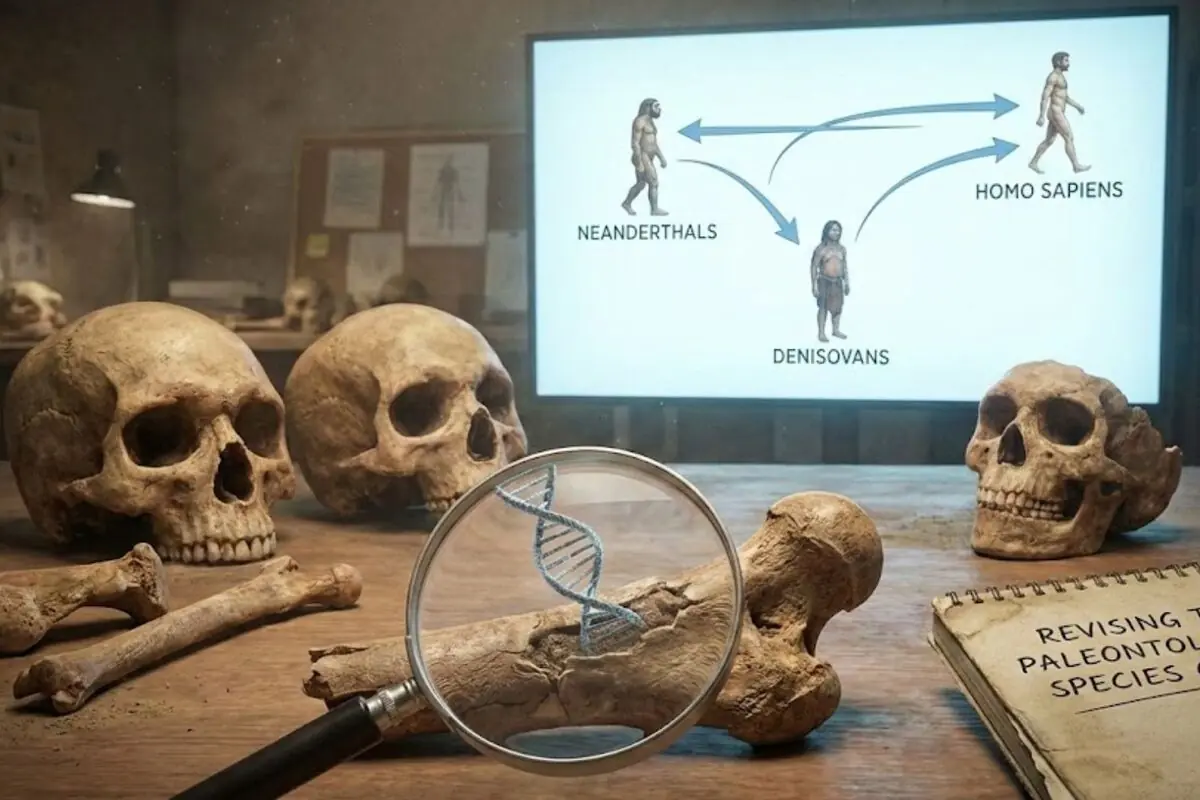 Cranis i ossos antics sobre una taula amb una lupa enfocant una doble hèlix d’ADN, al fons una pantalla mostra un diagrama evolutiu entre neandertals, denisovans i Homo sapiens.