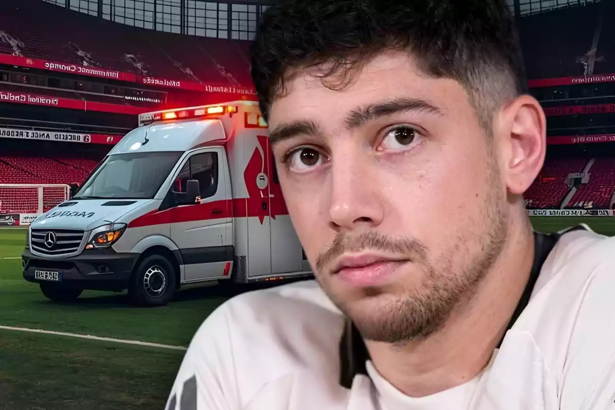 Un jugador de futbol amb expressió seriosa apareix en primer pla mentre una ambulància està estacionada al camp d’un estadi buit.