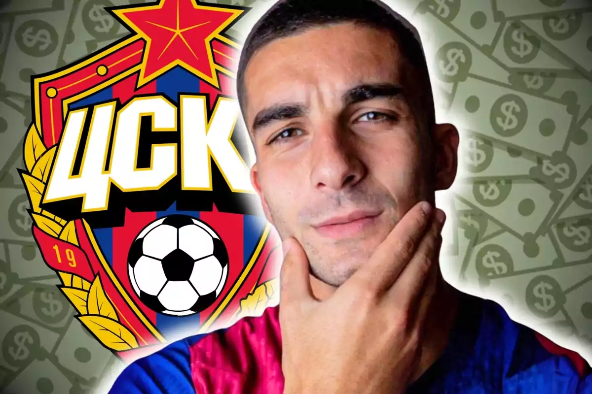 Un futbolista amb samarreta blava i vermella posa pensatiu davant de l’escut del CSKA de Moscou i un fons de bitllets amb símbols de dòlar.