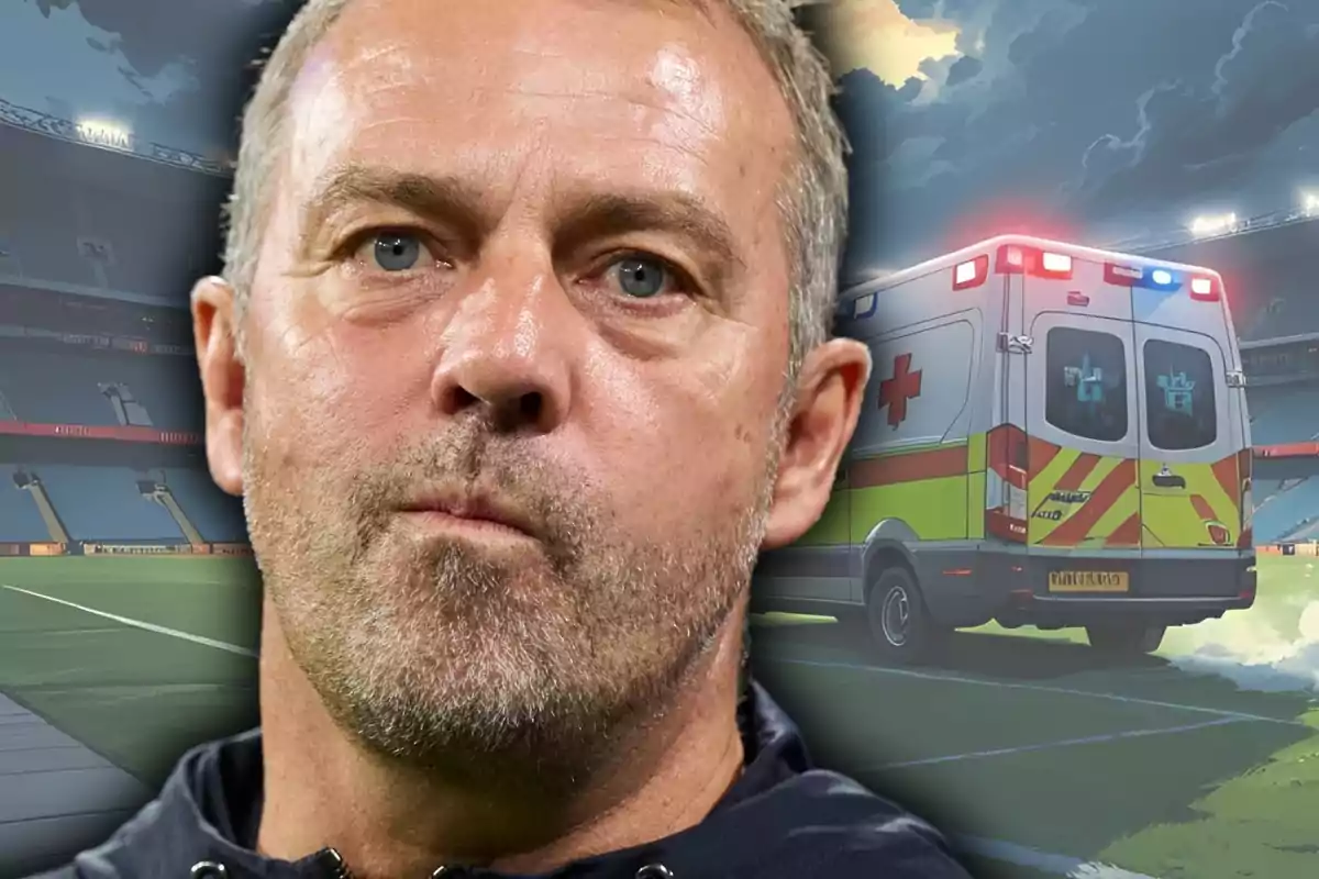 Close-up of a man with a serious expression with an ambulance in the background inside a sports stadium.