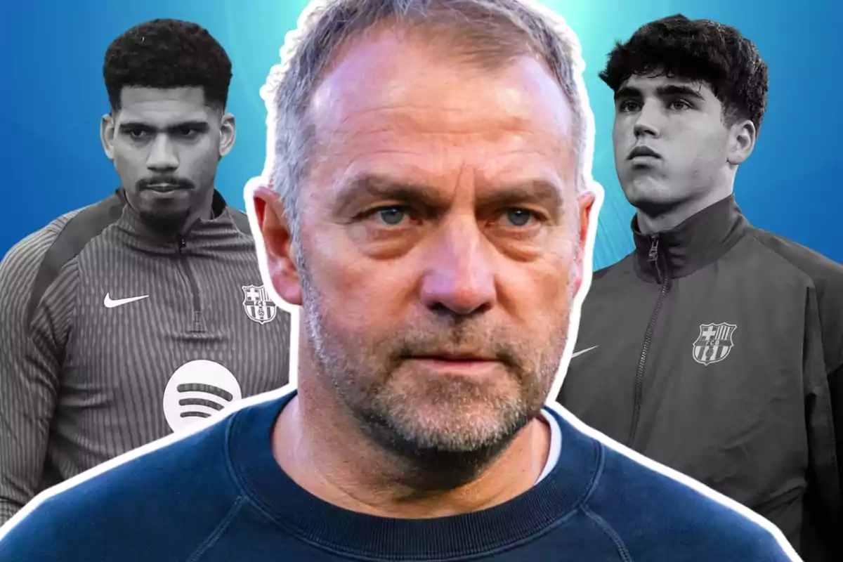 Tres persones relacionades amb el FC Barcelona apareixen en un muntatge amb fons blau, una al centre en primer pla i dues als laterals en blanc i negre.