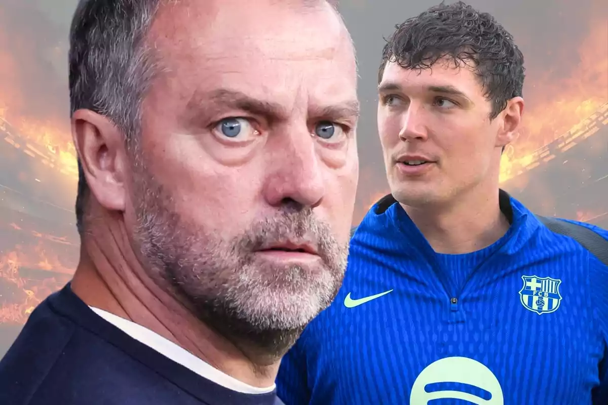 Un hombre de barba con expresión seria en primer plano y un jugador de fútbol con uniforme azul del Barcelona en el fondo, con un estadio y llamas detrás.