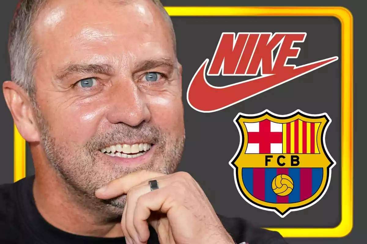 Hombre sonriente con barba junto a los logotipos de Nike y el FC Barcelona sobre un fondo oscuro con marco amarillo