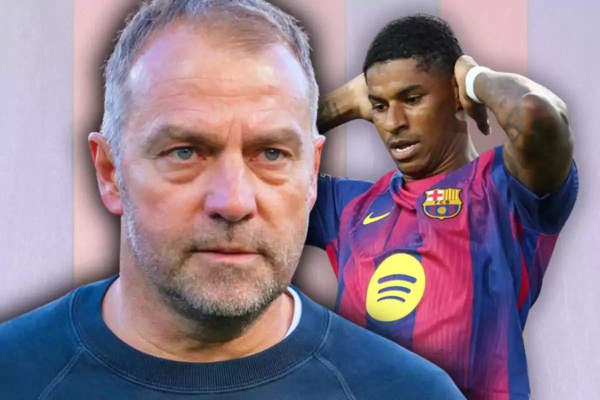 A man with short hair and a beard with a serious expression in the foreground, and a Barcelona football player in the background looking frustrated.