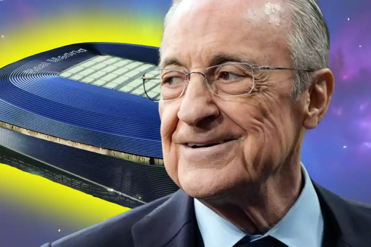 Hombre mayor con gafas sonríe frente a un estadio moderno con fondo de colores llamativos