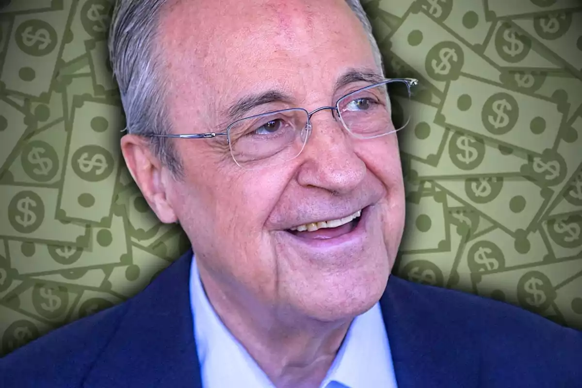 Home gran somrient amb ulleres i fons de bitllets dibuixats