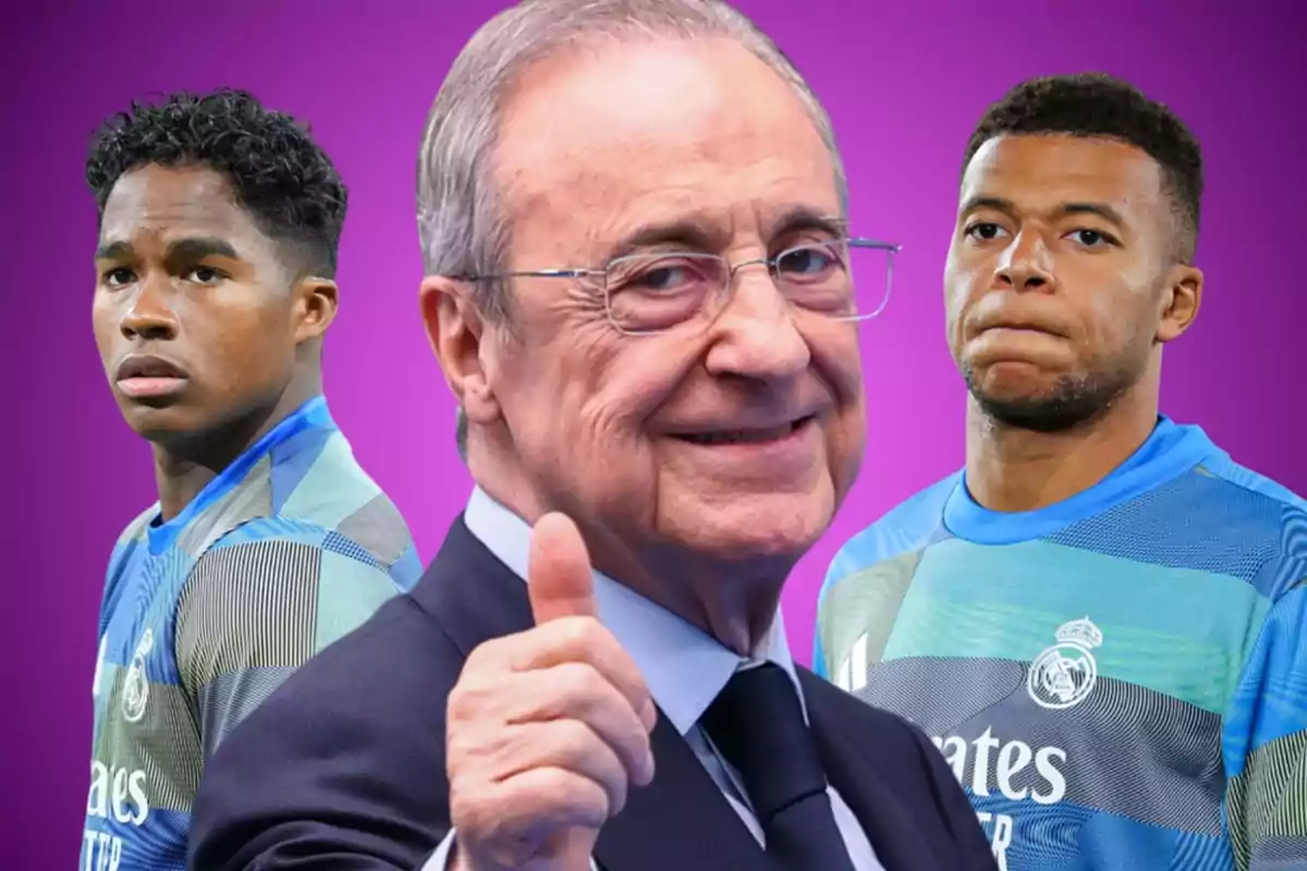 Tres personas en primer plano con fondo morado, dos de ellas con uniforme deportivo y una en el centro con traje haciendo un gesto de aprobación con el pulgar arriba