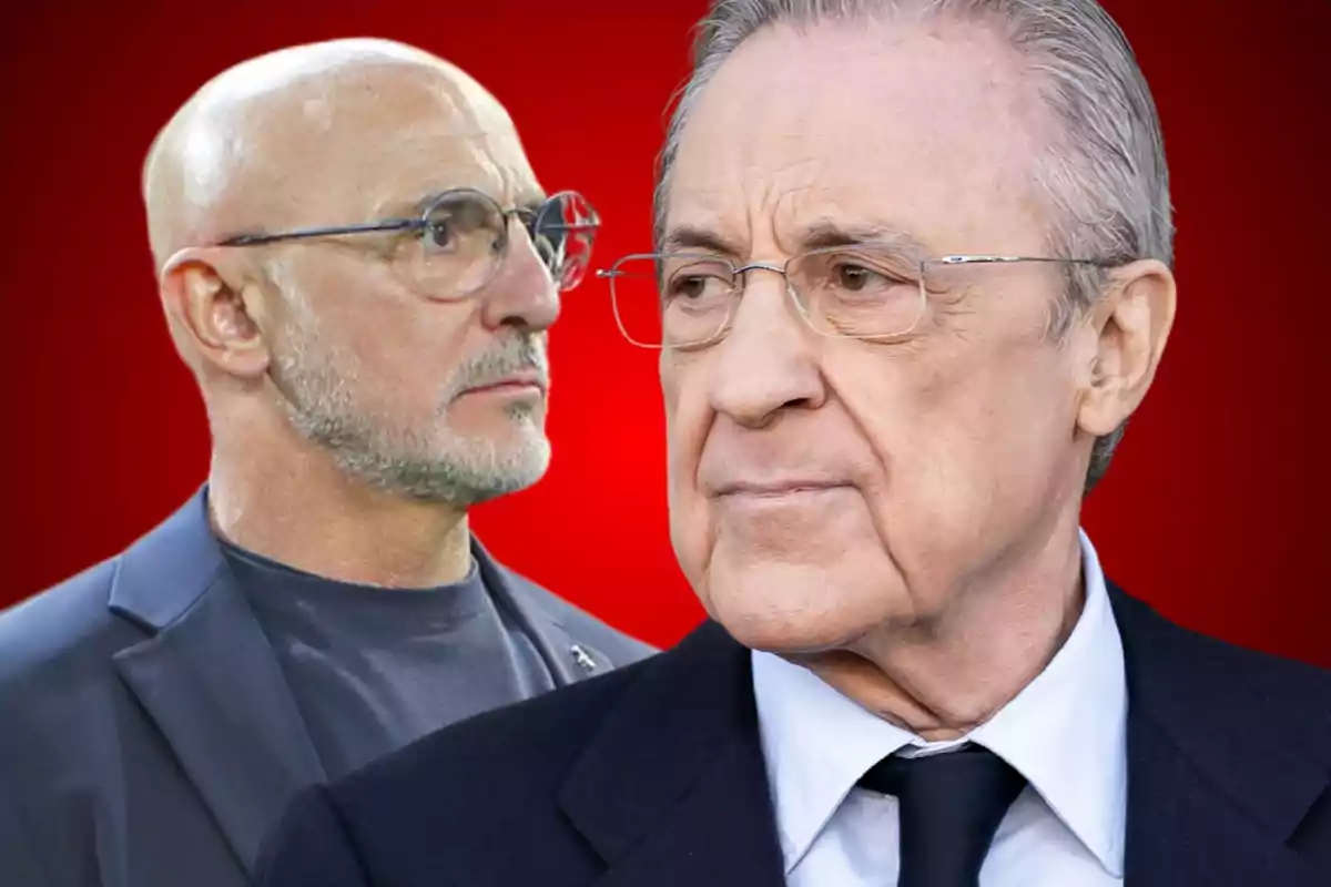 Two older men with glasses and serious expressions pose in front of a red background.