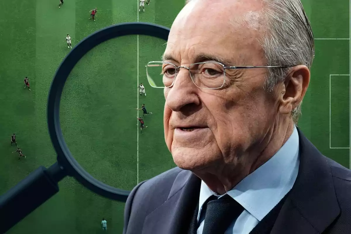 Hombre mayor con gafas y traje frente a un campo de fútbol con una lupa ampliando una parte del terreno de juego Hombre mayor con gafas y traje frente a un campo de fútbol con una lupa ampliando una parte del terreno de juego