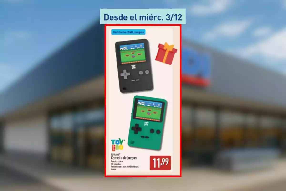 Fullet d’Aldi en què apareix una consola de jocs portàtil disponible des de dimecres 3 de desembre per 11,99 euros, amb dos models en color negre i verd, que inclou 240 jocs i és de la marca Toylino.