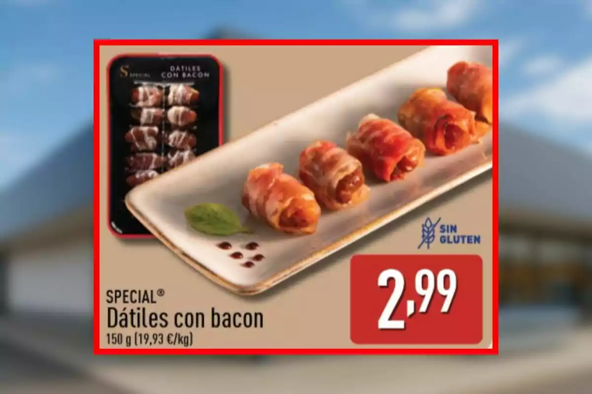 Safata de dàtils embolicats amb bacó d’Aldi sobre un plat rectangular al costat del preu de 2,99 euros i el símbol de sense gluten. Safata de dàtils embolicats amb bacó d’Aldi sobre un plat rectangular al costat del preu de 2,99 euros i el símbol de sense gluten.