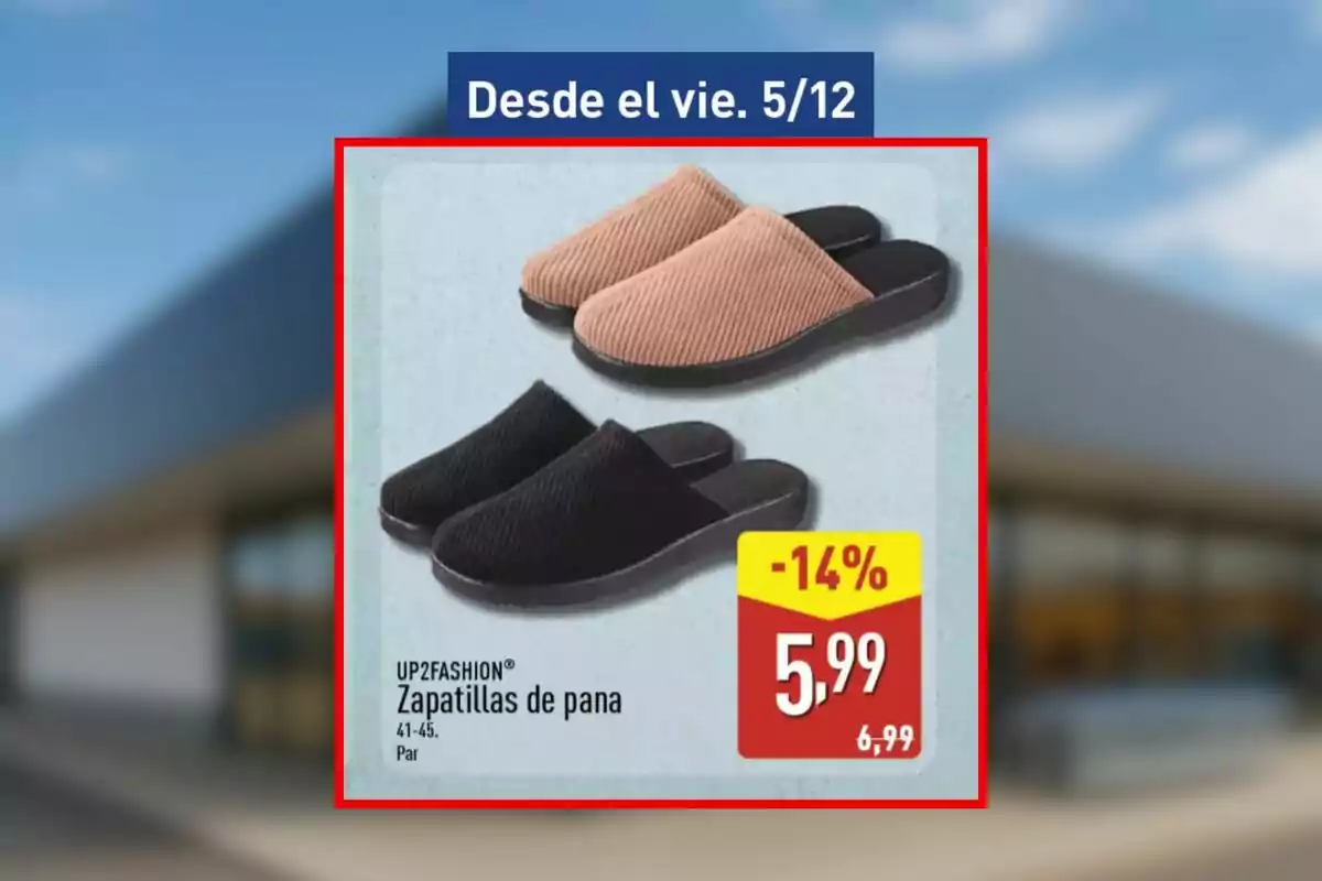 Oferta de sabatilles de pana en colors negre i beix amb un descompte del 14 per cent a 5,99 euros disponible des de divendres 5 de desembre.