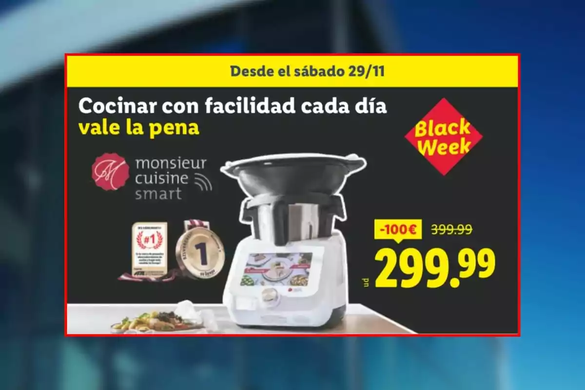 Lidl’s Black Week brochure featuring a Monsieur Cuisine Smart kitchen robot for €299.99, highlighting a €100 discount and the message “cooking with ease every day is worth it.”