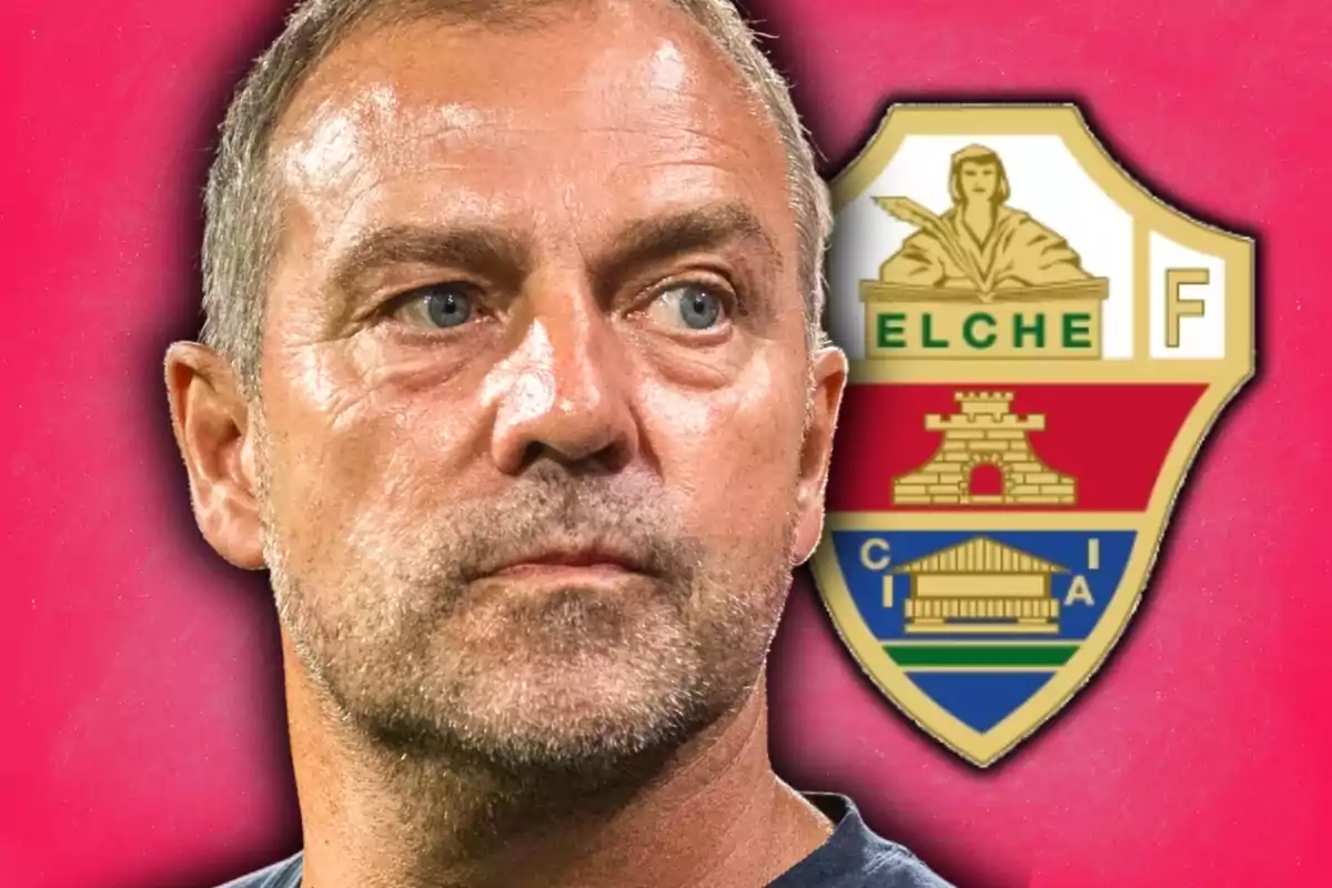 Hombre de expresión seria con el escudo del Elche CF de fondo sobre un fondo rosa