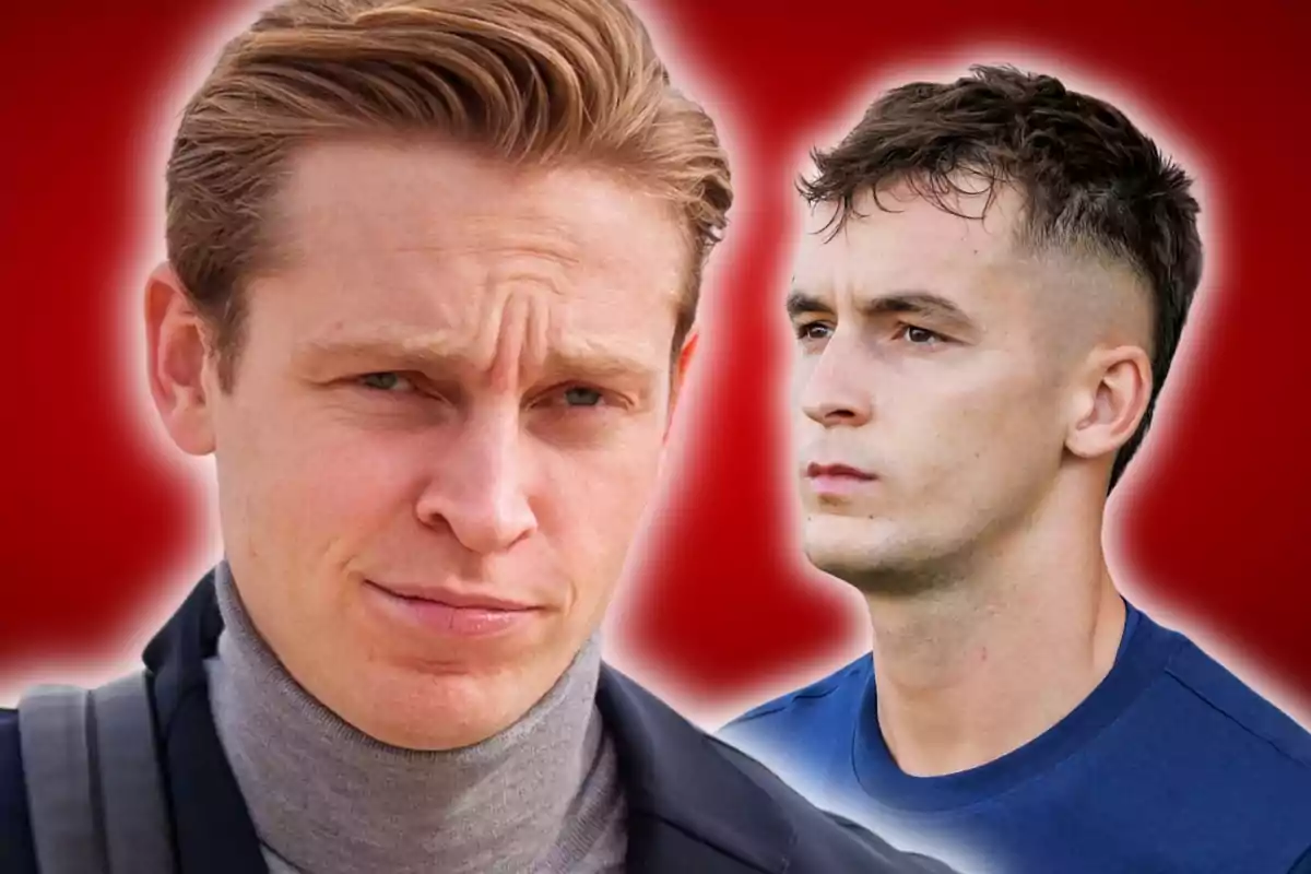 Dos homes joves amb expressions serioses apareixen sobre un fons vermell difuminat