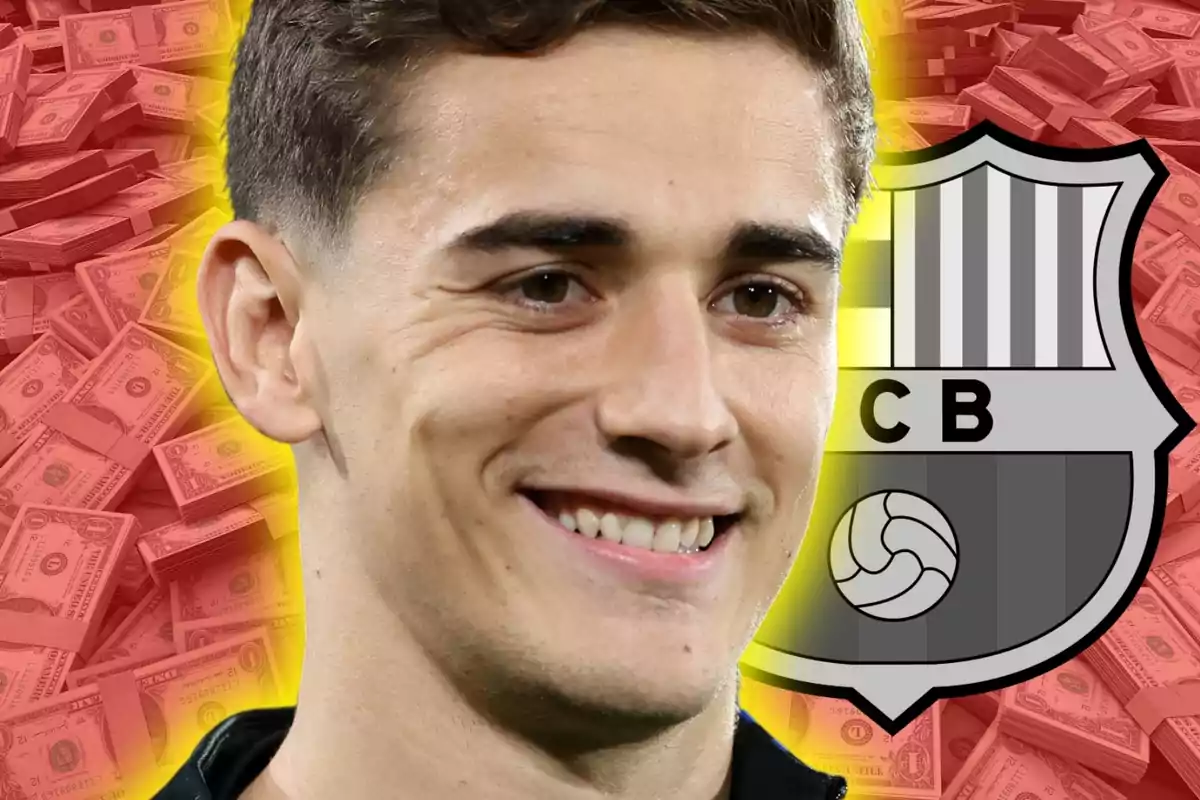 Joven sonriente con fondo de billetes y un escudo de fútbol en blanco y negro