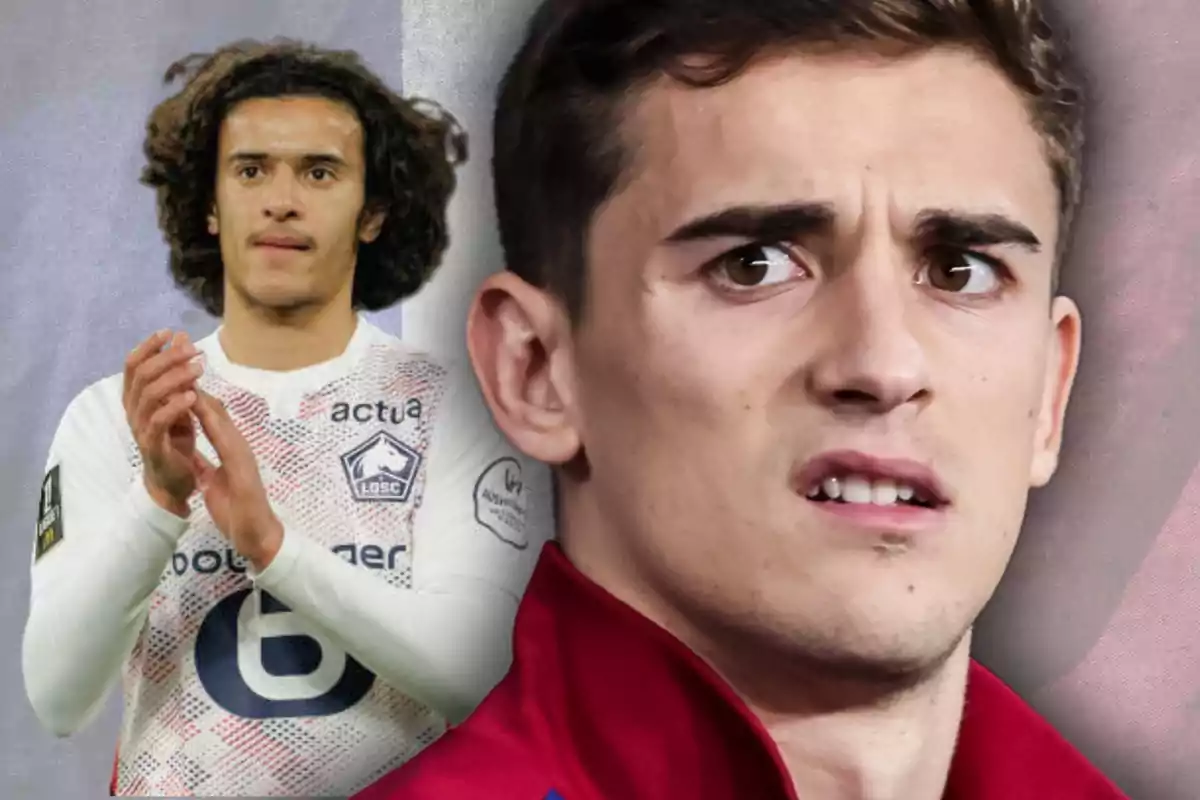 Dos futbolistes apareixen a la imatge, un d’ells amb expressió seriosa en primer pla i l’altre aplaudint amb l’uniforme del Lille al fons.