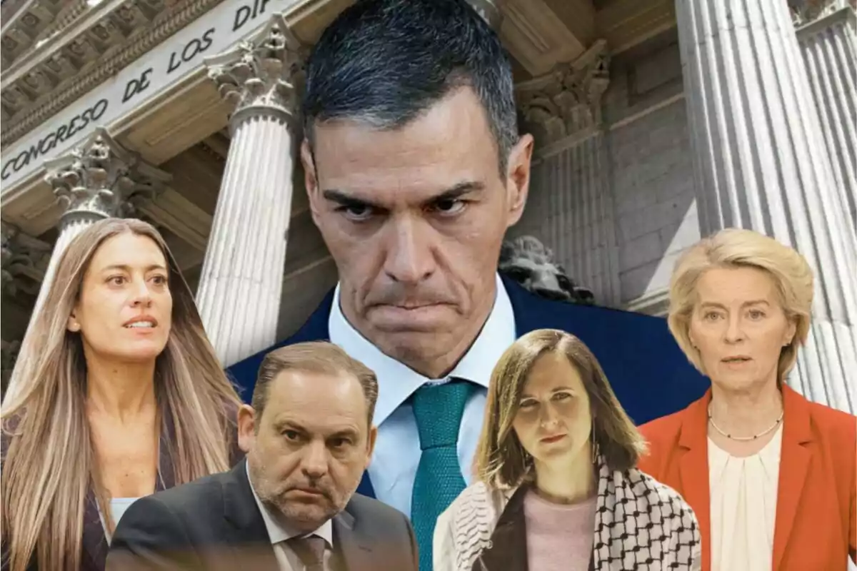 Cinco personas en primer plano con expresión seria frente a la fachada del Congreso de los Diputados