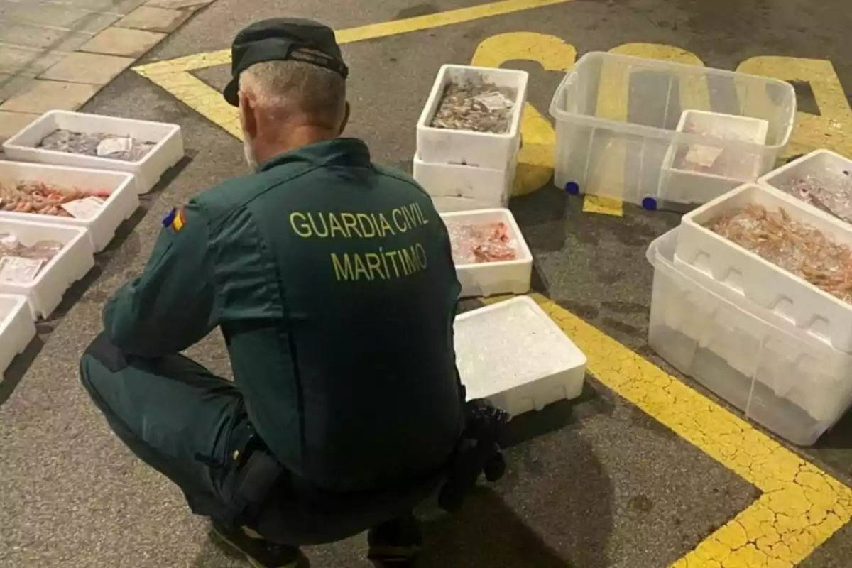 Un agent de la Guàrdia Civil Marítima revisa diverses caixes de marisc i peix en una zona asfaltada.