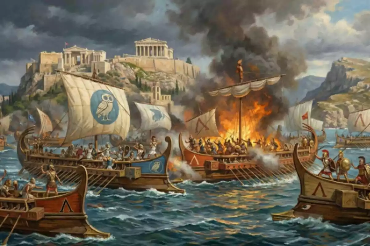 Vaixells de guerra antics combatent al mar davant d’una ciutat grega amb columnes i temples mentre un dels vaixells està en flames i el cel està cobert de fum. Vaixells de guerra antics combatent al mar davant d’una ciutat grega amb columnes i temples mentre un dels vaixells està en flames i el cel està cobert de fum.