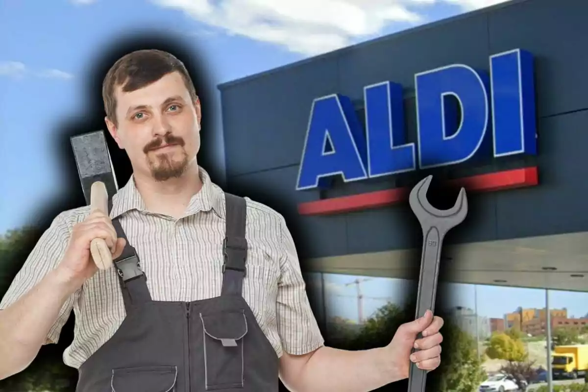 Home amb eines a la mà davant d'una botiga d'ALDI.