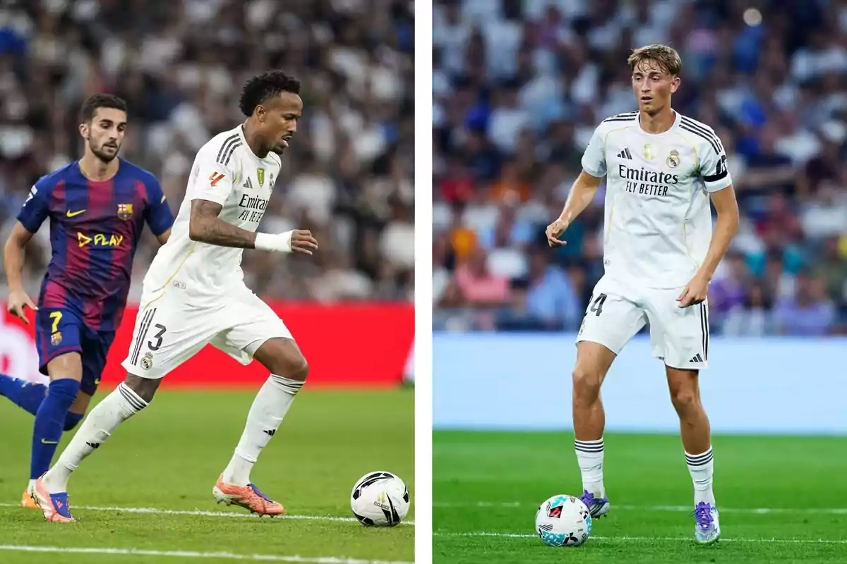 Dos futbolistes del Reial Madrid en acció durant un partit, un d’ells és pressionat per un jugador del Barcelona mentre l’altre controla la pilota al camp.