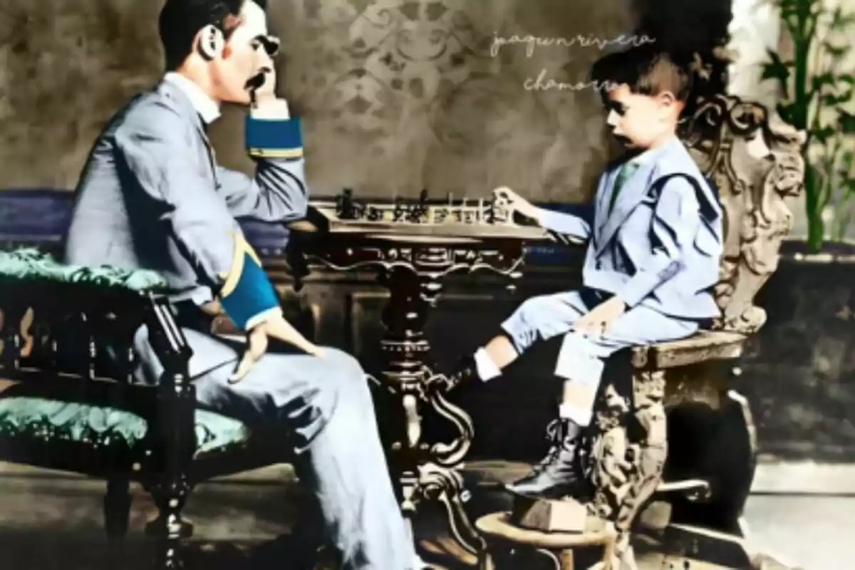 Un hombre y un niño, el pequeño es José Raúl Capablanca, vestidos de manera elegante juegan una partida de ajedrez en una mesa antigua dentro de una habitación decorada clásicamente. Un hombre y un niño, el pequeño es José Raúl Capablanca, vestidos de manera elegante juegan una partida de ajedrez en una mesa antigua dentro de una habitación decorada clásicamente.