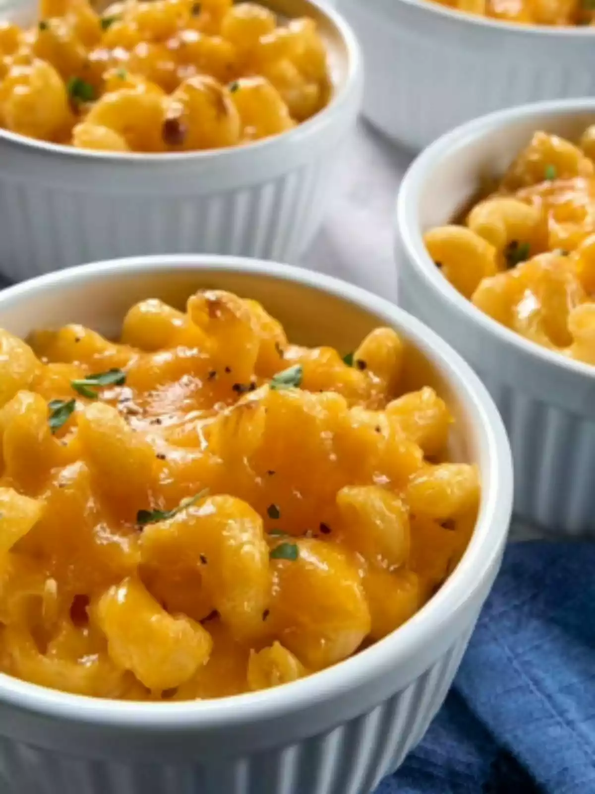 Cuencos blancos llenos de macarrones con queso gratinados y decorados con hierbas de Sam's Club.