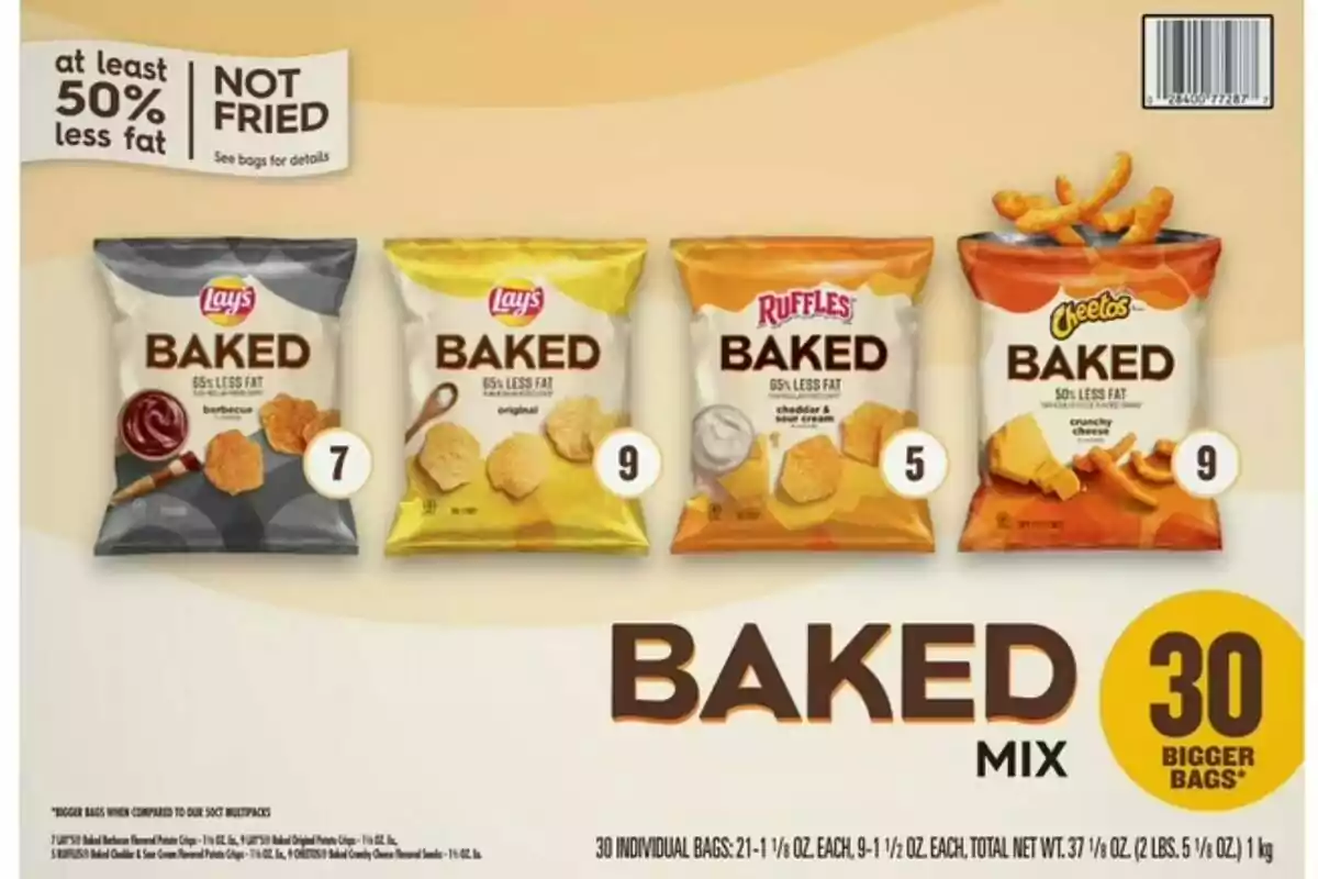 Four bags of baked snacks from the Lay's, Ruffles, and Cheetos brands in different flavors, with a total of 30 individual bags and a message indicating that they have less fat and are not fried.