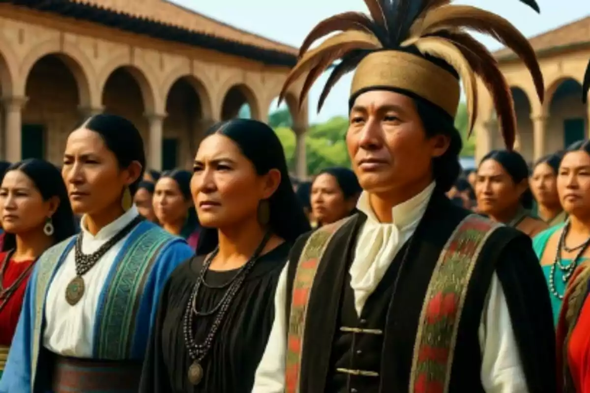 Grup de persones indígenes amb vestimenta tradicional i expressió seriosa reunides en un pati colonial.