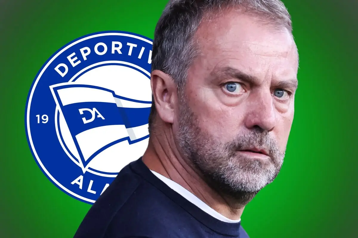 Hombre de cabello corto y barba mirando al frente con el escudo del Deportivo Alavés de fondo sobre un fondo verde.