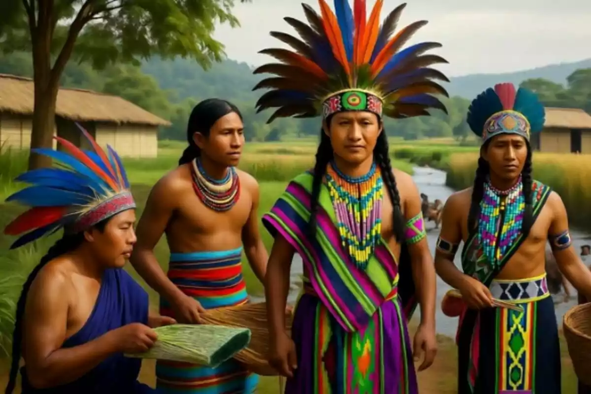 Quatre homes indígenes amb vestimenta tradicional colorida i tocats de plomes estan reunits a l’aire lliure a prop d’un riu i cases de sostre de palma envoltats de vegetació.