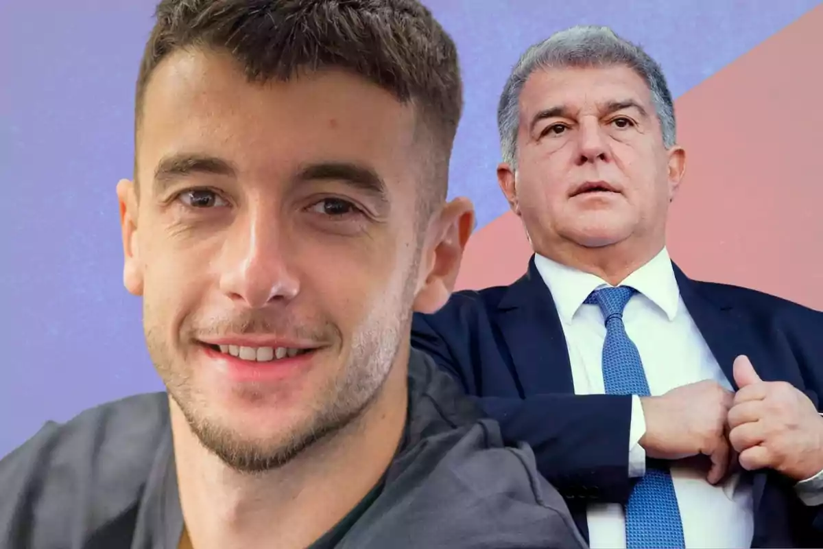 Dos homes apareixen a la imatge, un en primer pla somrient i un altre al fons amb expressió seriosa i vestit amb vestit i corbata sobre un fons de colors blau i rosa.