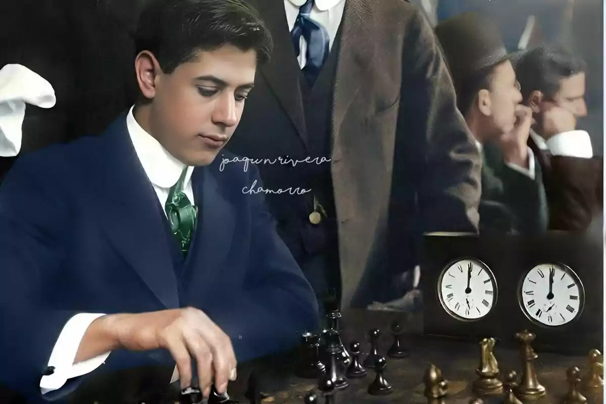 José Raúl Capablanca vestido de traje azul jugando una partida de ajedrez con un reloj de ajedrez antiguo y varias personas observando al fondo. José Raúl Capablanca vestido de traje azul jugando una partida de ajedrez con un reloj de ajedrez antiguo y varias personas observando al fondo.